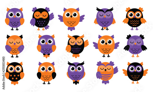 Cute Cartoon Owl Bundle Vector Set, Colorful Kawaii Owl Clipart Collection, Funny Bird Characters, Flat Animal Illustration