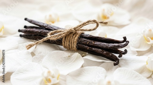 Aromatic vanilla pods tied with natural twine on white orchid petals background, luxury spa and gourmet bakery ingredient concept