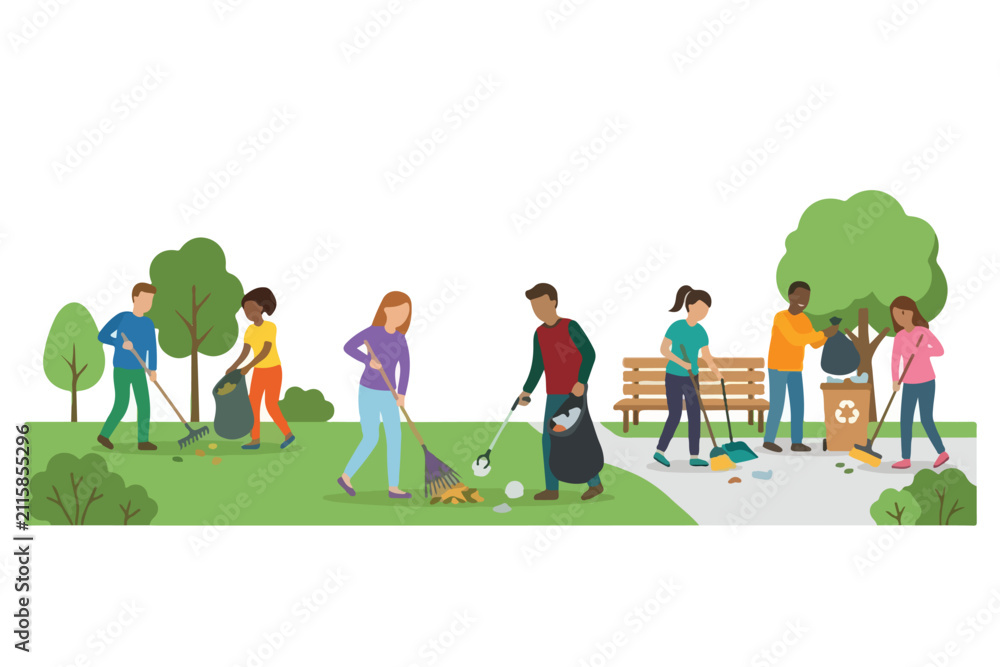 Fototapeta premium Diverse volunteers cleaning public park, raking leaves and picking up trash vector illustration