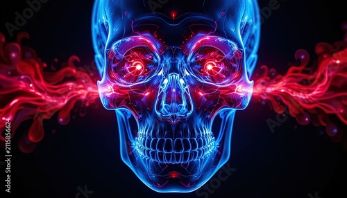 Glowing neon human skull with red energy. Digital art of a futuristic cybernetic cranium.