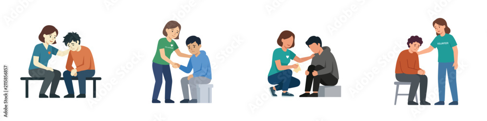 Obraz premium Vector illustration set of female volunteers comforting distressed men, offering emotional support and empathy on white background.