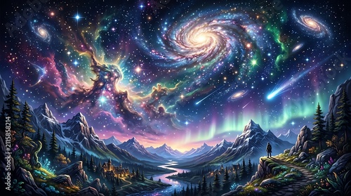 Vivid Cosmic Galaxy Scene with Northern Lights Over Mountain Landscape