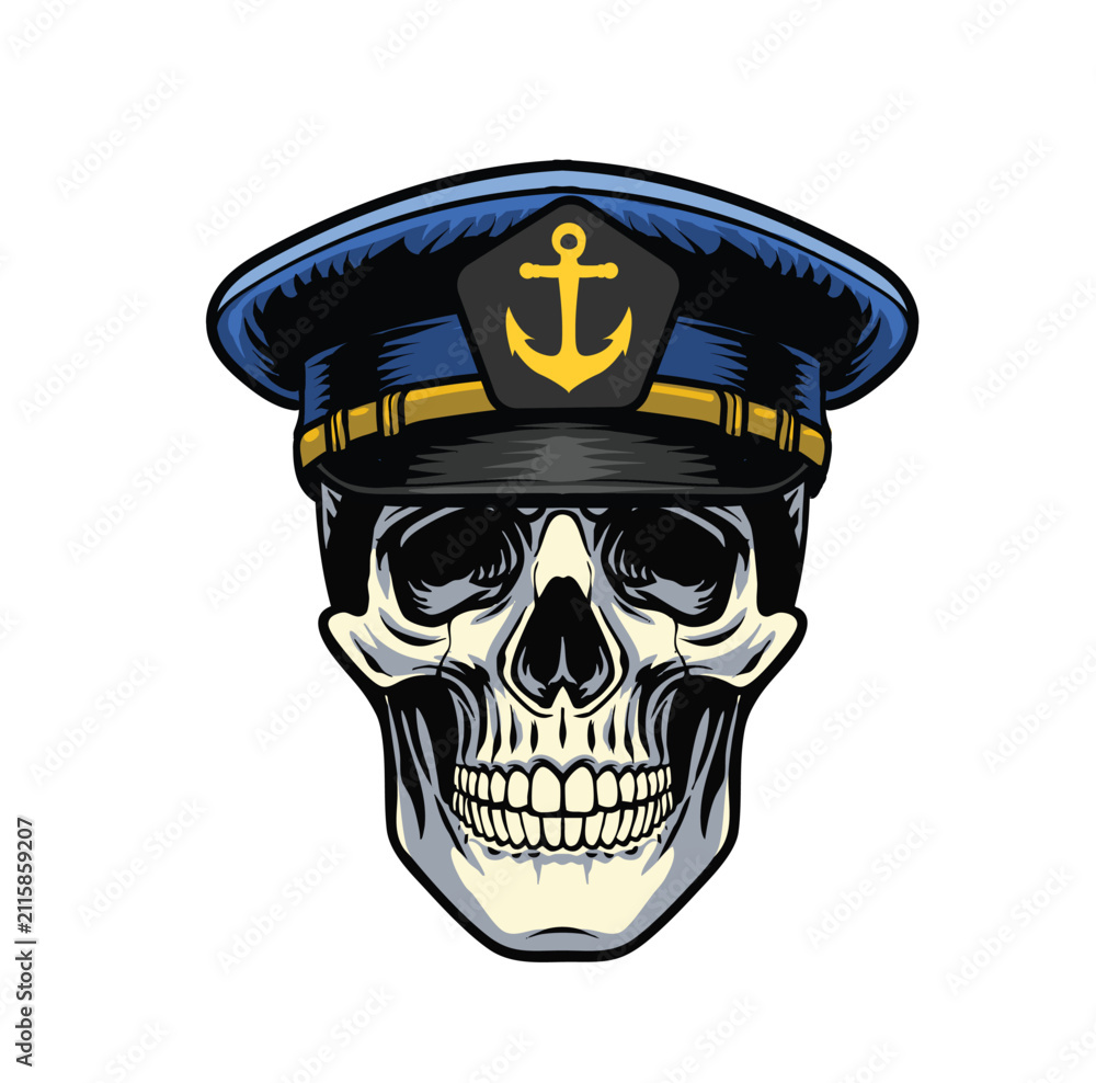 Fototapeta premium Detailed vintage hand drawn graphic of a human skull wearing a navy captain hat with an anchor emblem