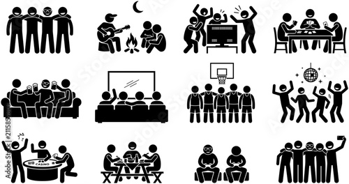 Set of stick figure icons showing groups of friends enjoying social activities.