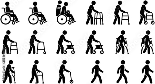 Set of black silhouette icons depicting people with mobility aids and accessibility equipment.