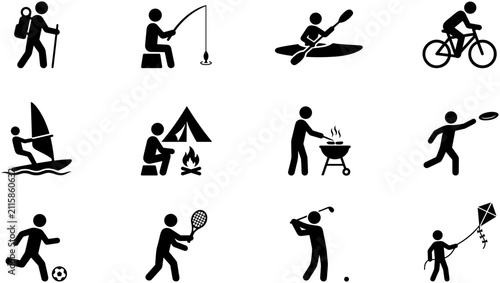 Canvas Print Collection of black stick figure icons representing outdoor leisure and recreational activities