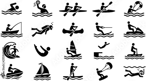 Bild auf Leinwand Set of water sports and recreational activities icons.