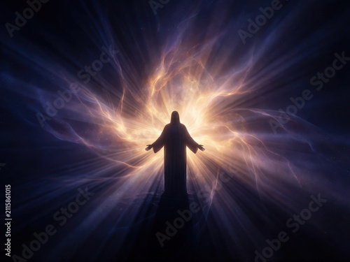 Silhouette of a figure radiating light against a vibrant nebula and starry sky. Use: religious art, spiritual content, fantasy art.