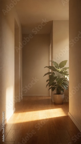 Sunlight streaming through a doorway onto a polished wooden floor with a potted plant in a hallway. Use: interior design, home decor, real estate.
