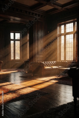 Luxurious vintage living room with leather sofa and sunbeams, warm atmosphere. Use: interior design blog, historical film, luxury real estate.