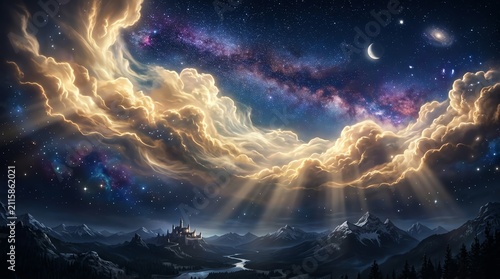 Magnificent Night Sky with Milky Way Clouds Moon and Stars Over Mountain Landscape