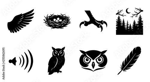 Vector Icons: Owl, Wing, Nest, Claw, Feather, Forest Night Scene, Sound Waves, 8 Graphic Elements for Wildlife and Nature Design
