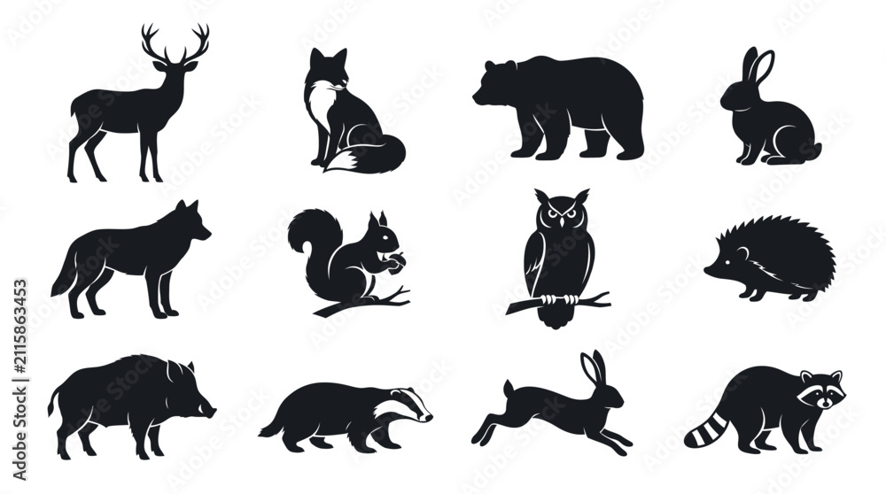 Fototapeta premium Black silhouettes of wild forest animals featuring deer bear fox wolf and many woodland creatures