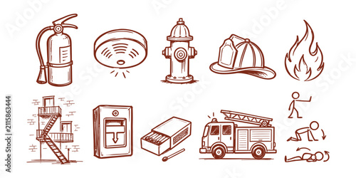 fire safety firefighting equipment element collection doodle icon set vector illustration