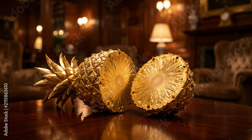 Golden sliced pineapple on a polished wooden table in a luxurious classic interior, concept of wealth.