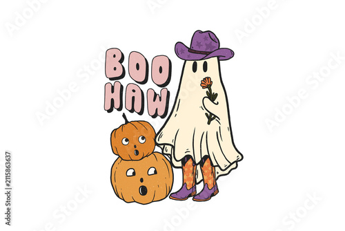 Foto Funny boo haw western halloween quote with cute country ghost wearing cowboy hat