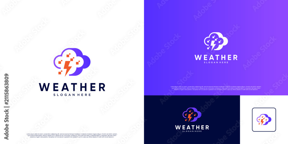 Fototapeta premium Cloud and lightning thunder logo, with weather concept, modern abstract style, prediction, report, vector graphic illustration.