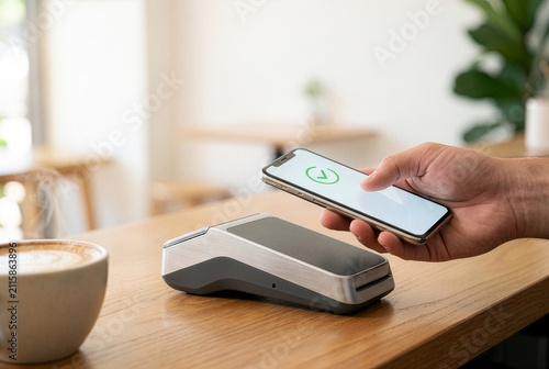 Contactless mobile payment with smartphone at NFC POS terminal in modern cafe. Male hand holding phone with payment confirmation for cashless transaction and fintech concept.
