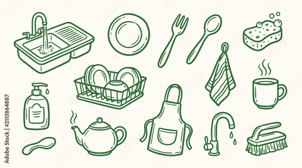 Fototapeta premium A charming hand-drawn illustration featuring a collection of kitchen and cleaning items, perfect for domestic themes.