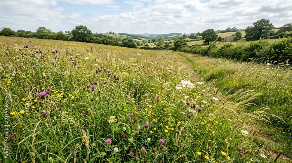 Obraz premium Lush Green Meadow Filled with Wildflowers Under Blue Sky in Countryside