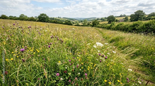 Lush Green Meadow Filled with Wildflowers Under Blue Sky in Countryside