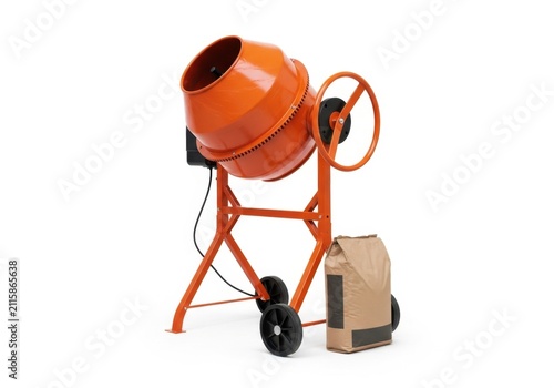 Orange concrete mixer and cement bag isolated on white background