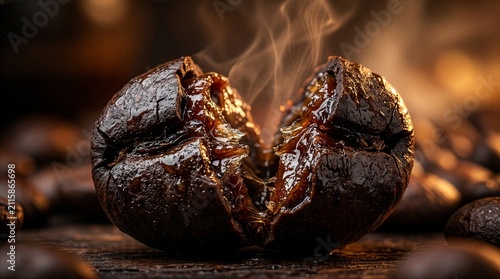 Gourmet steamed coffee-shaped cake or pastry split in half with rich caramel filling, unique coffee-flavored dessert for cafes