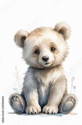 Cute Baby Bear Illustration Isolated on White Background Watercolor Style