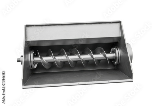 Industrial stainless steel screw conveyor inside a metal trough