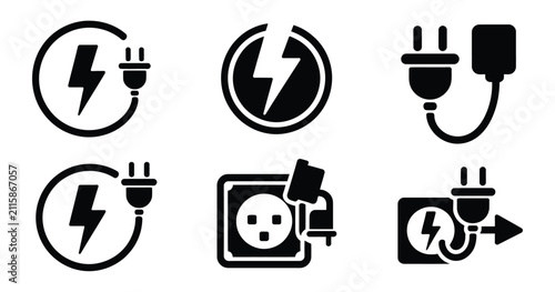 Electric charge icon set, plug, socket, lightning bolt symbols, power connection, electrical energy, charging equipment, vector illustration.