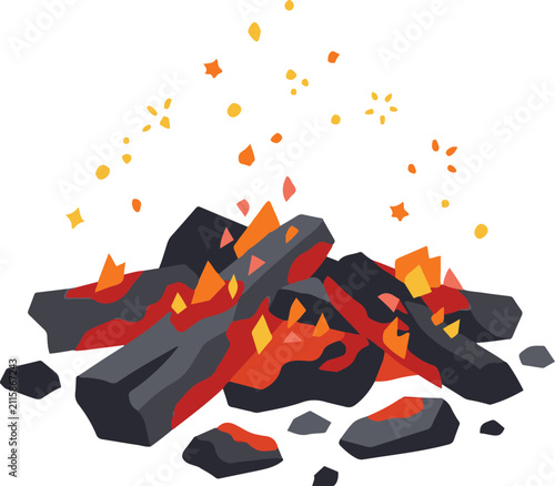 Flat vector illustration of glowing campfire coals with burning embers and scattered sparks. Ideal for camping, outdoor, survival, fire safety, nature, and adventure themed designs.