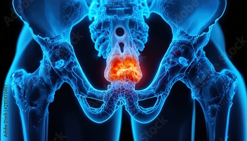 3D medical illustration of inflamed hip joint pain. Digital X-ray highlighting osteoarthritis or bursitis in glowing blue anatomy.