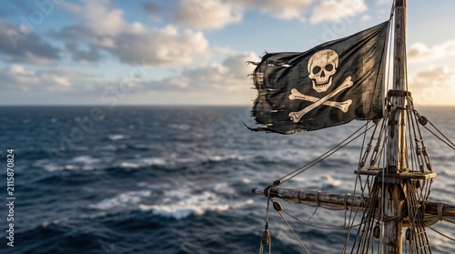Weathered pirate flag with skull and crossbones flying from an old sailing ship mast above the open sea. Adventure, piracy and maritime history concept