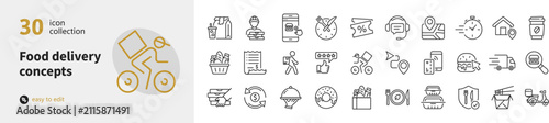 Cuadro en lienzo Set of 30 food delivery and ordering service outline icons with delivery restaur