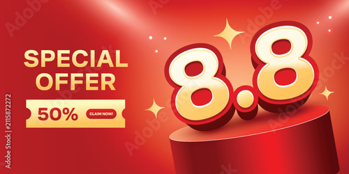 Special offer double date 8.8 discount. August 8 shopping events template for poster, flyer, banner.