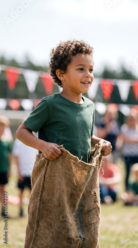Happy child participating in a traditional sack race during Indonesia's 17 August Independence Day celebration, enjoying outdoor games, community festival, and childhood fun.