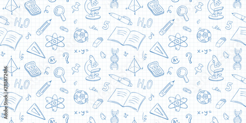 School seamless pattern with hand drawn doodle illustrations. Vector background on grid notebook paper. Blue ink sketch style.