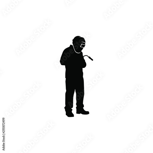 Konstfotografi Welder with protective mask and torch a black silhouette against a white backgro