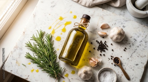 Flat lay of extra virgin olive oil glass bottle on white marble surface with fresh rosemary, garlic, peppercorns and sea salt, Mediterranean food photography