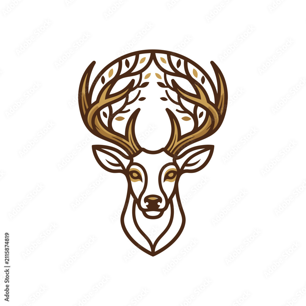 Fototapeta premium Linear deer stag head logo with decorative antlers.