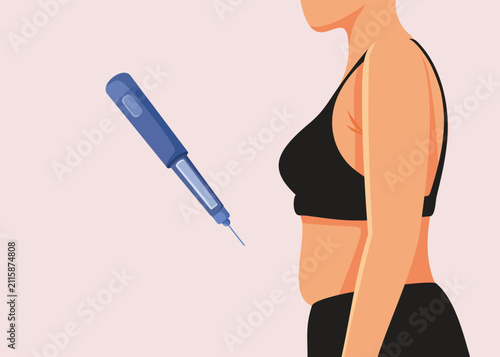 Vector Illustration Of Woman Standing Next To GLP One Injection Pen. Healthy patient presents medical weight loss treatment using modern subcutaneous injection device
