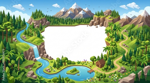 Foto Isometric landscape with river waterfall cabin forest and mountains in vector graphics