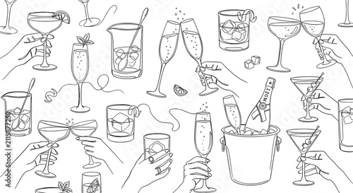 Minimalist cocktail line art pattern, elegant hand drawn drink sketches, black and white party beverage illustrations for menu design