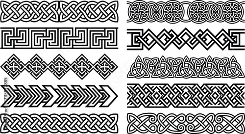 Celtic knot border set, 10 decorative geometric frames, black and white ethnic pattern collection, traditional nordic line art EPS