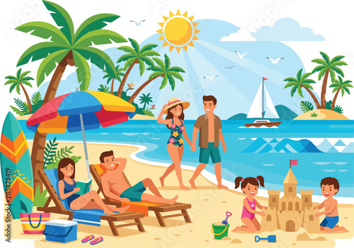 Family enjoying a sunny tropical beach vacation with sandcastles and palm trees during summer leisure
