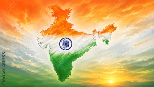 Artistic india map with tricolor theme and ashoka chakra on independence day sky