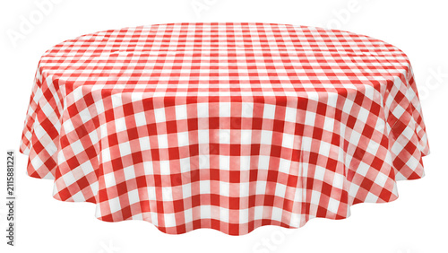 Red and white checkered tablecloth on round table, classic gingham picnic table cloth, traditional checkered pattern for dining and catering isolated on Transparent Background