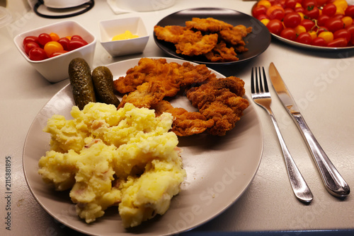 Obraz na plátne A plate with mashed potatoes, schnitzel and cucumber, in the background other pl