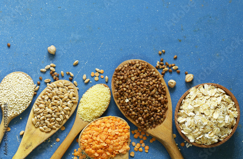 Different types of cereals - buckwheat, chickpeas, rice, quinoa, lentils