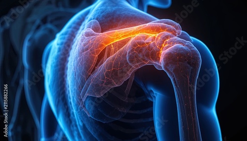 Human shoulder pain anatomy. Medical 3D illustration of joint inflammation and injury.